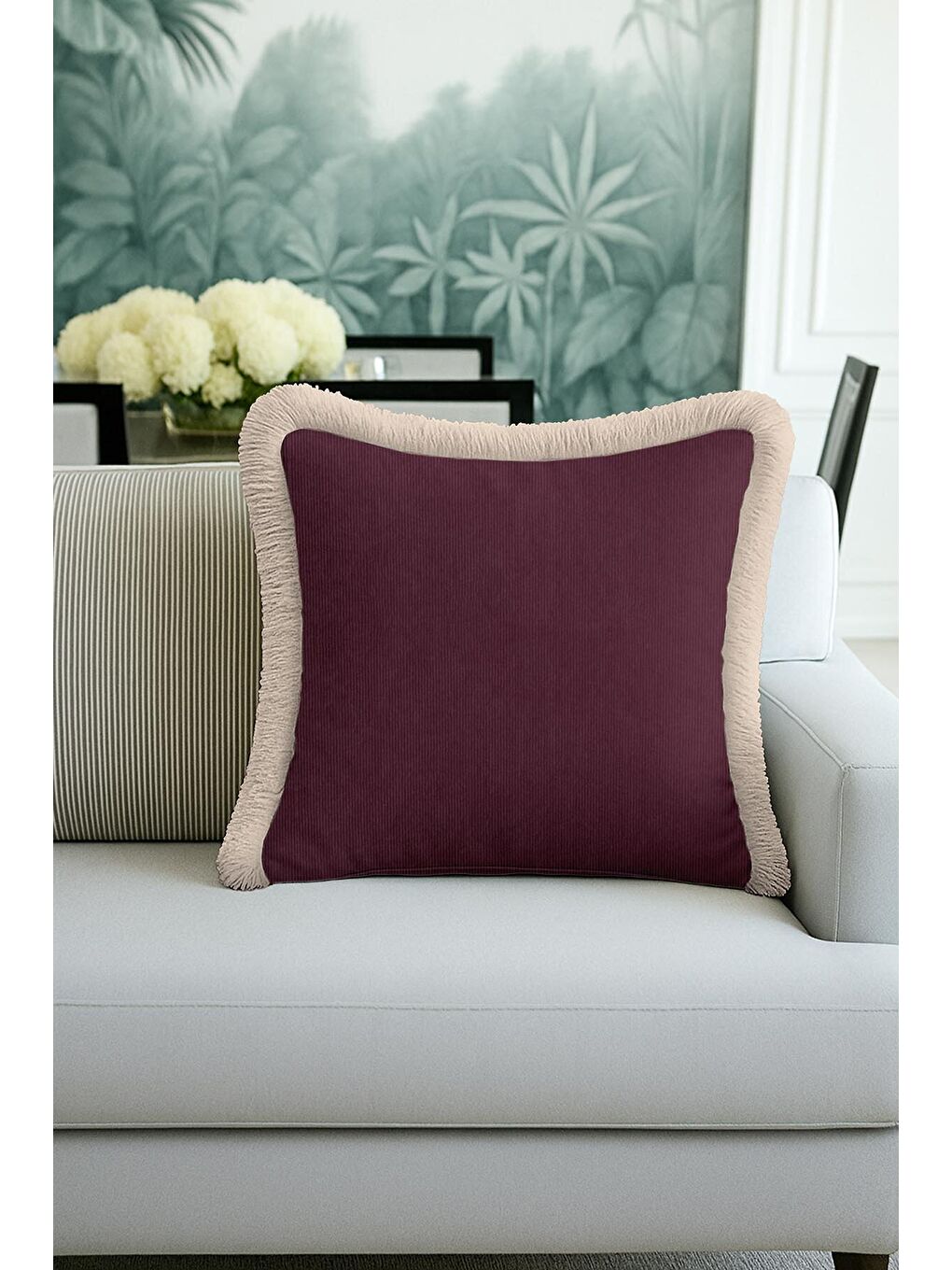 Karışık Zarif Lüks Mor Saçaklı Yastık Kılıfı - Modern Bordo Krem Püsküllü Kırlent Kılıfı-4