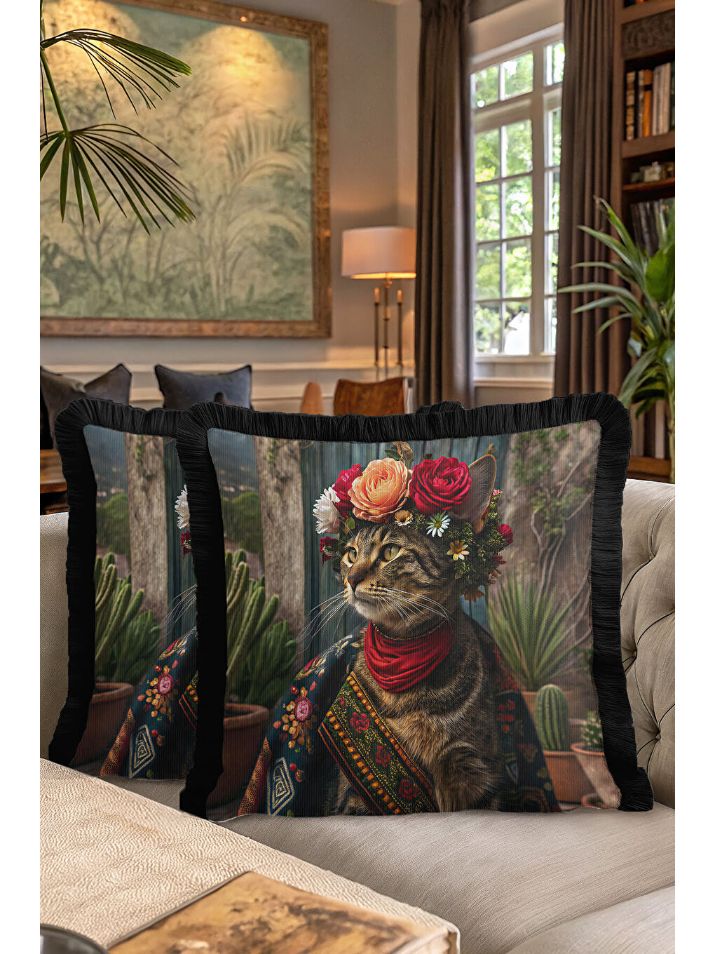 Karışık Bohem Çiçekli Saçaklı Yastık Kılıfı - Sanatsal Retro Çizgili Siyah Püsküllü Kırlent Kılıfı-7