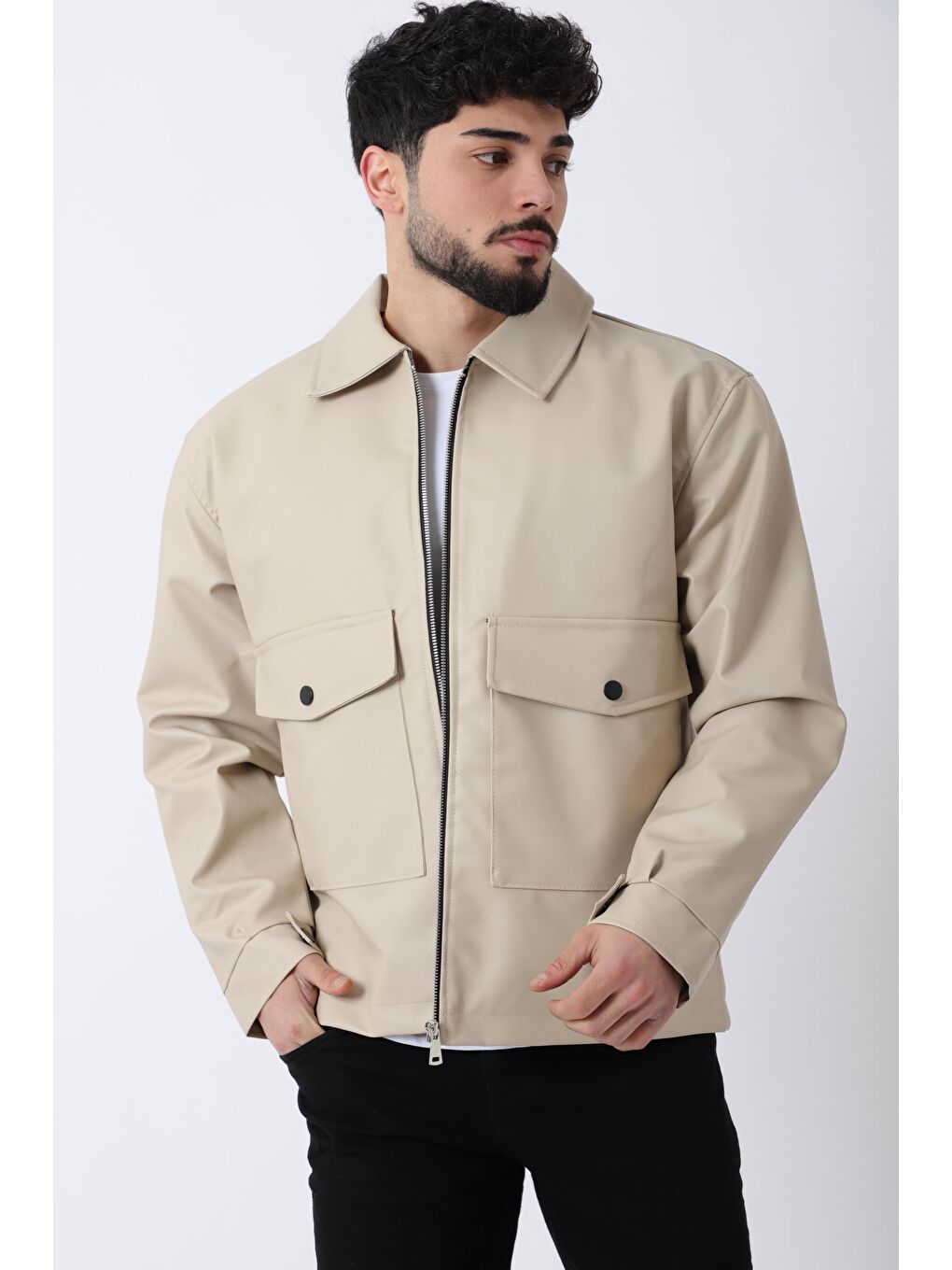 Ekru Torba Cepli Yakalı Suni Deri Mont PLDP 2997_50444-1