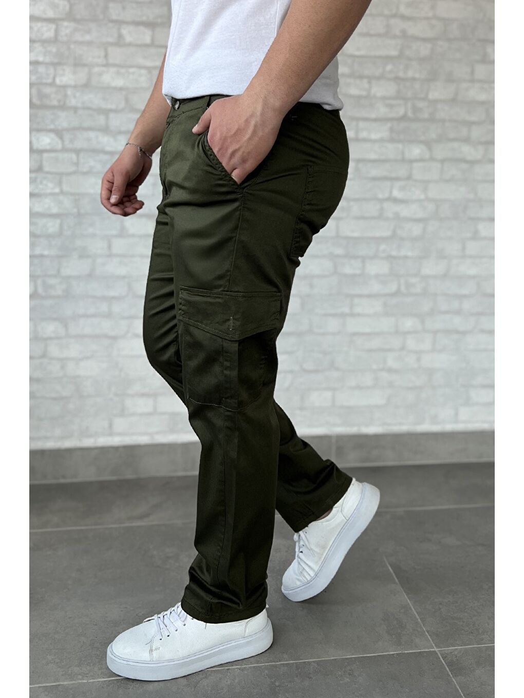 Haki Erkek Kargo Cepli Düz Paça Pantolon-1