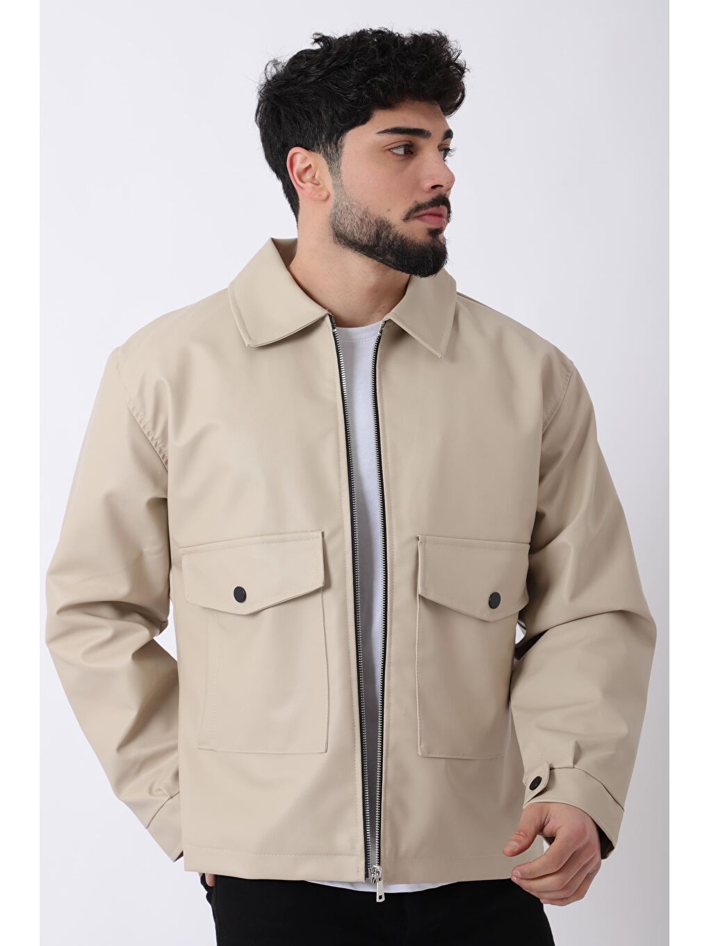 Ekru Torba Cepli Yakalı Suni Deri Mont PLDP 2997_50444-2