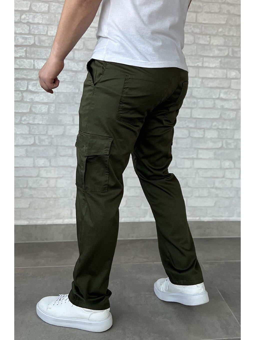 Haki Erkek Kargo Cepli Düz Paça Pantolon-2