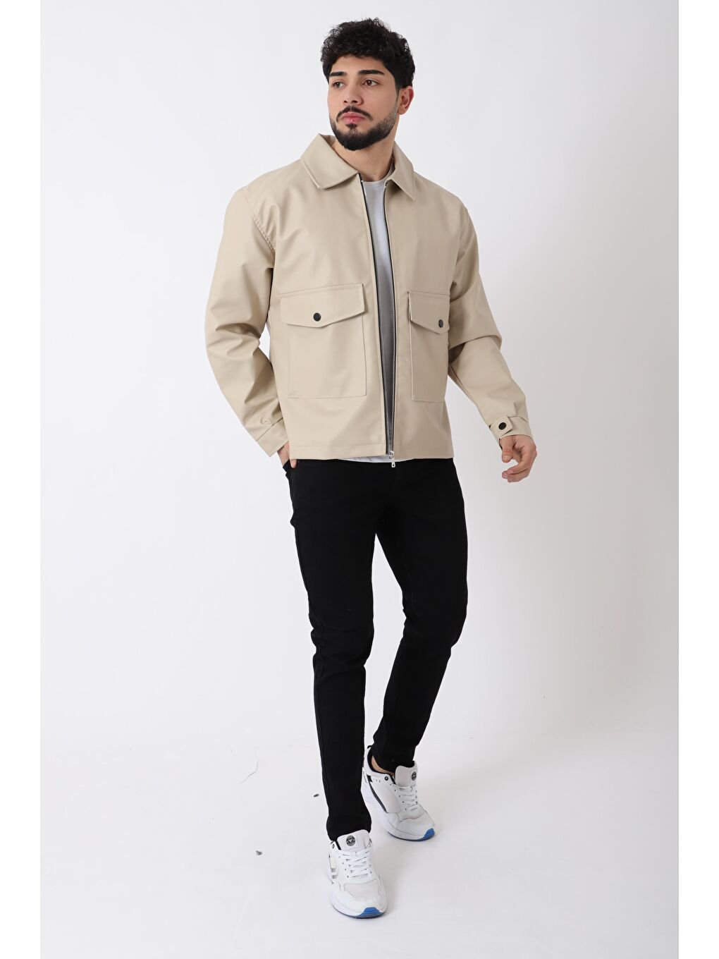 Ekru Torba Cepli Yakalı Suni Deri Mont PLDP 2997_50444-3