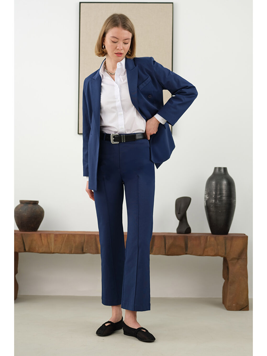 Önü Yarım Nervürlü Pantolon Gece Mavi