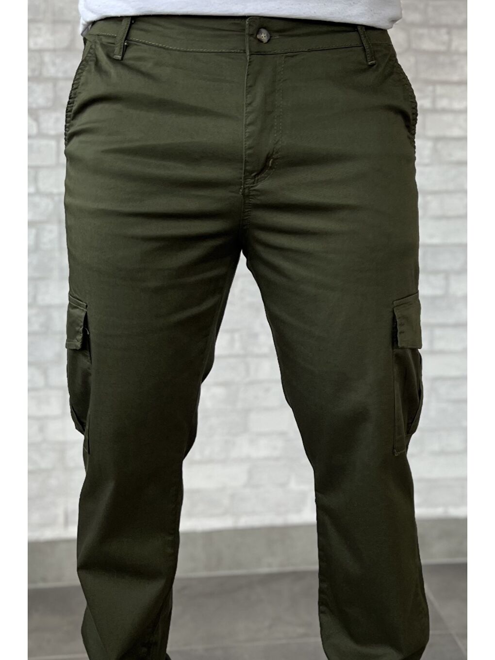 Haki Erkek Kargo Cepli Düz Paça Pantolon-3