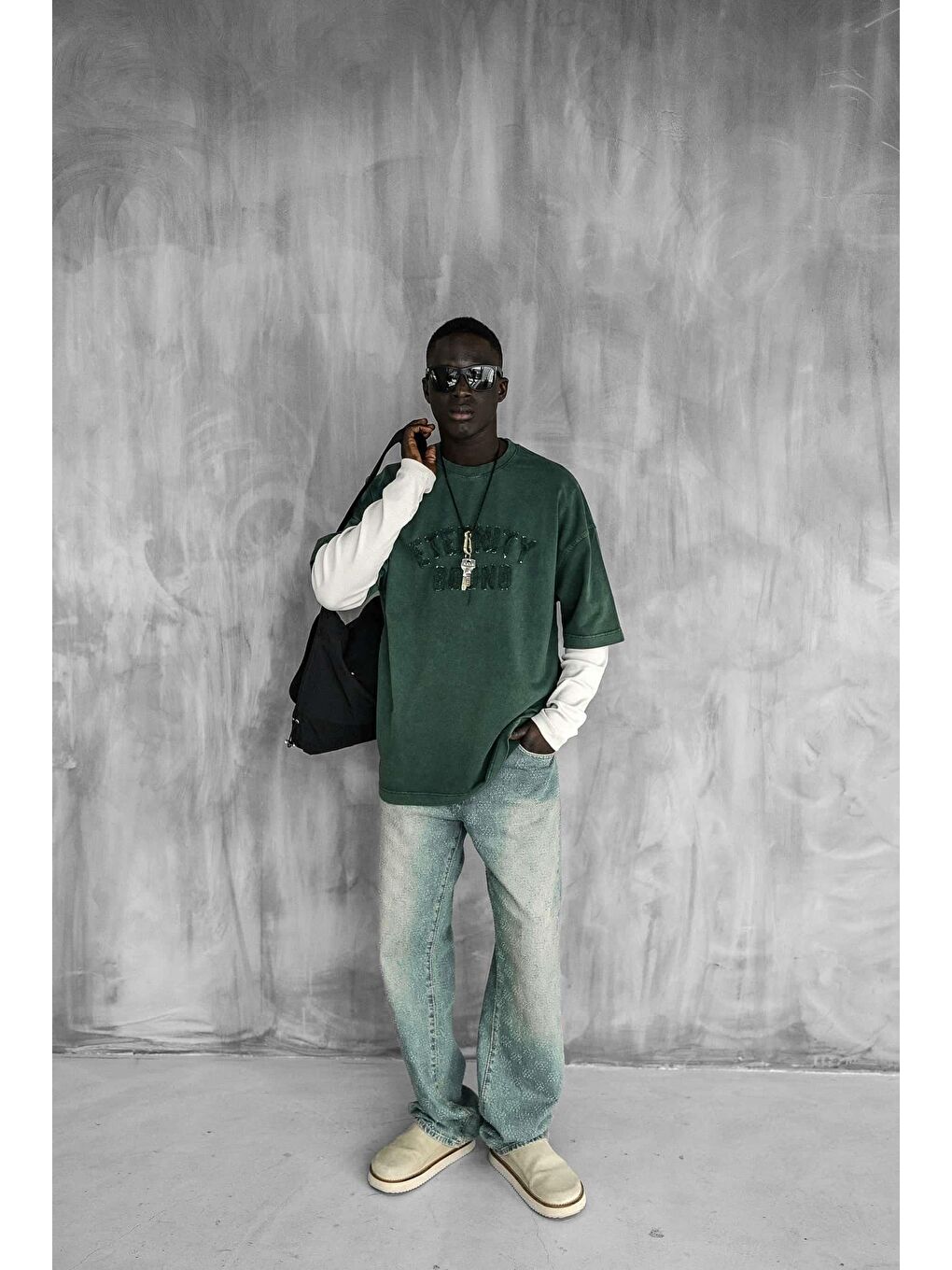 Erkek Önü Slogan İşlemeli Yıkamalı Oversize Tişört Yeşil-3