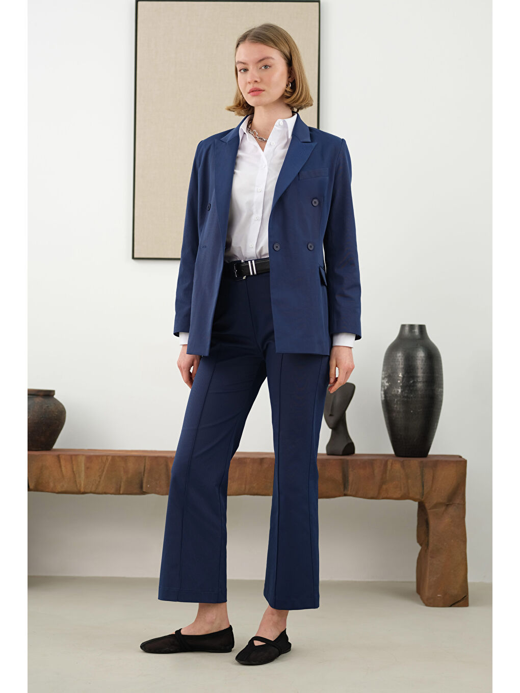 Önü Yarım Nervürlü Pantolon Gece Mavi-1