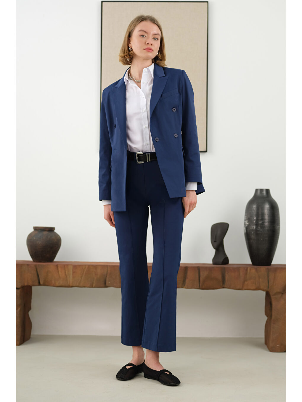 Önü Yarım Nervürlü Pantolon Gece Mavi-2