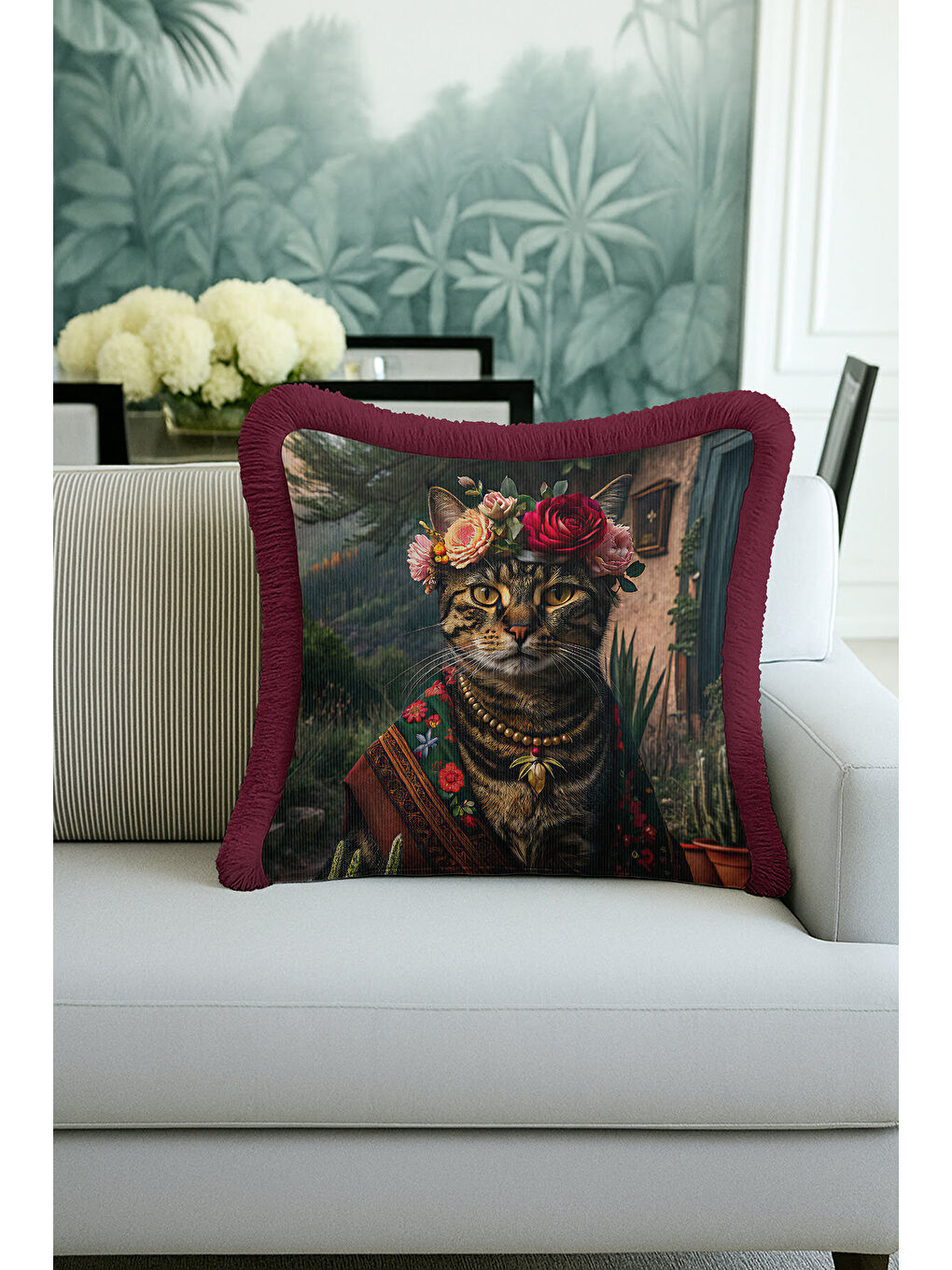 Karışık Lüks Vintage Kedi Portre Saçaklı Yastık Kılıfı - Çiçek Taçlı Bohem Renkli Püsküllü Kırlent Kılıfı