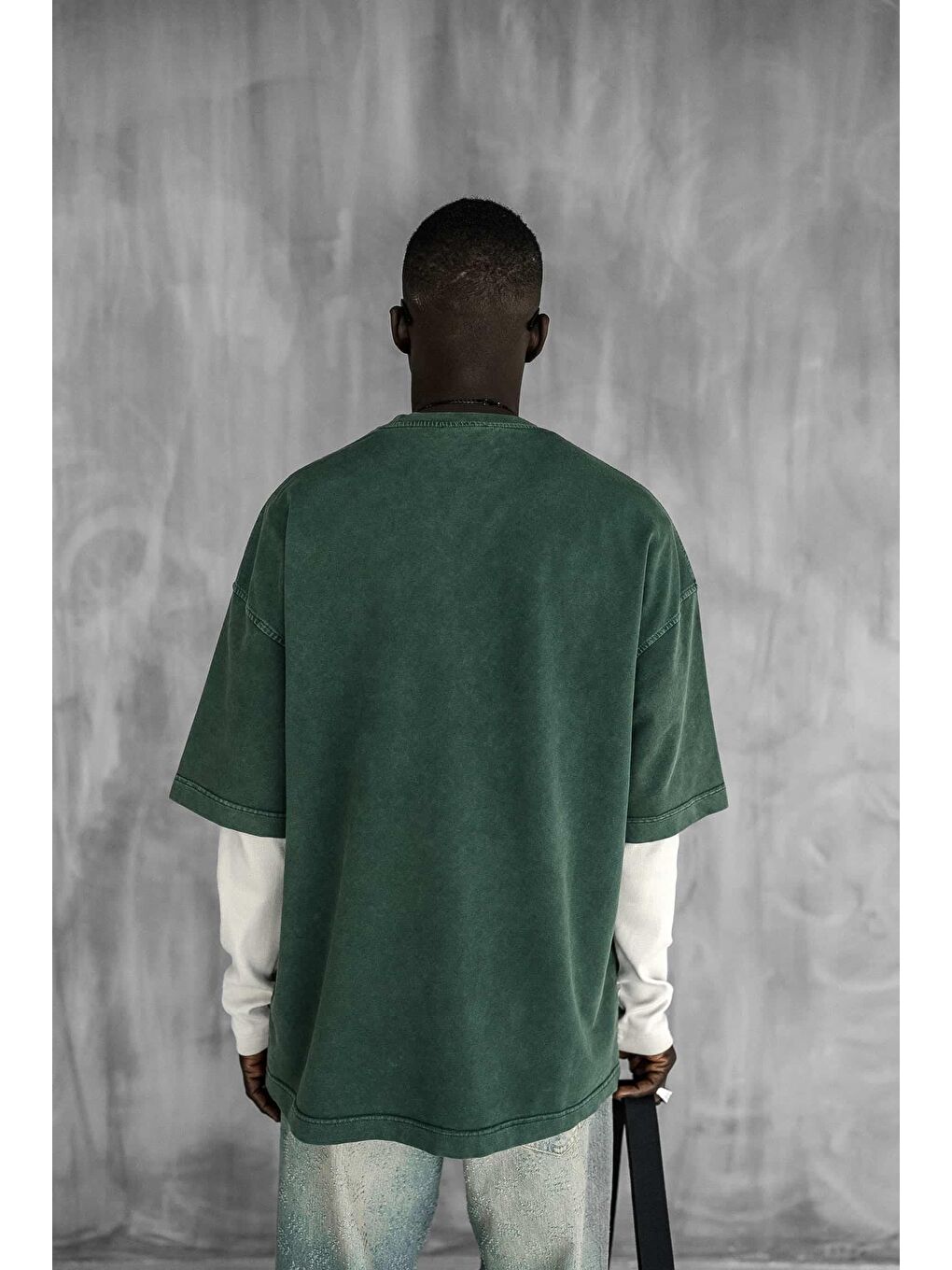 Erkek Önü Slogan İşlemeli Yıkamalı Oversize Tişört Yeşil-4