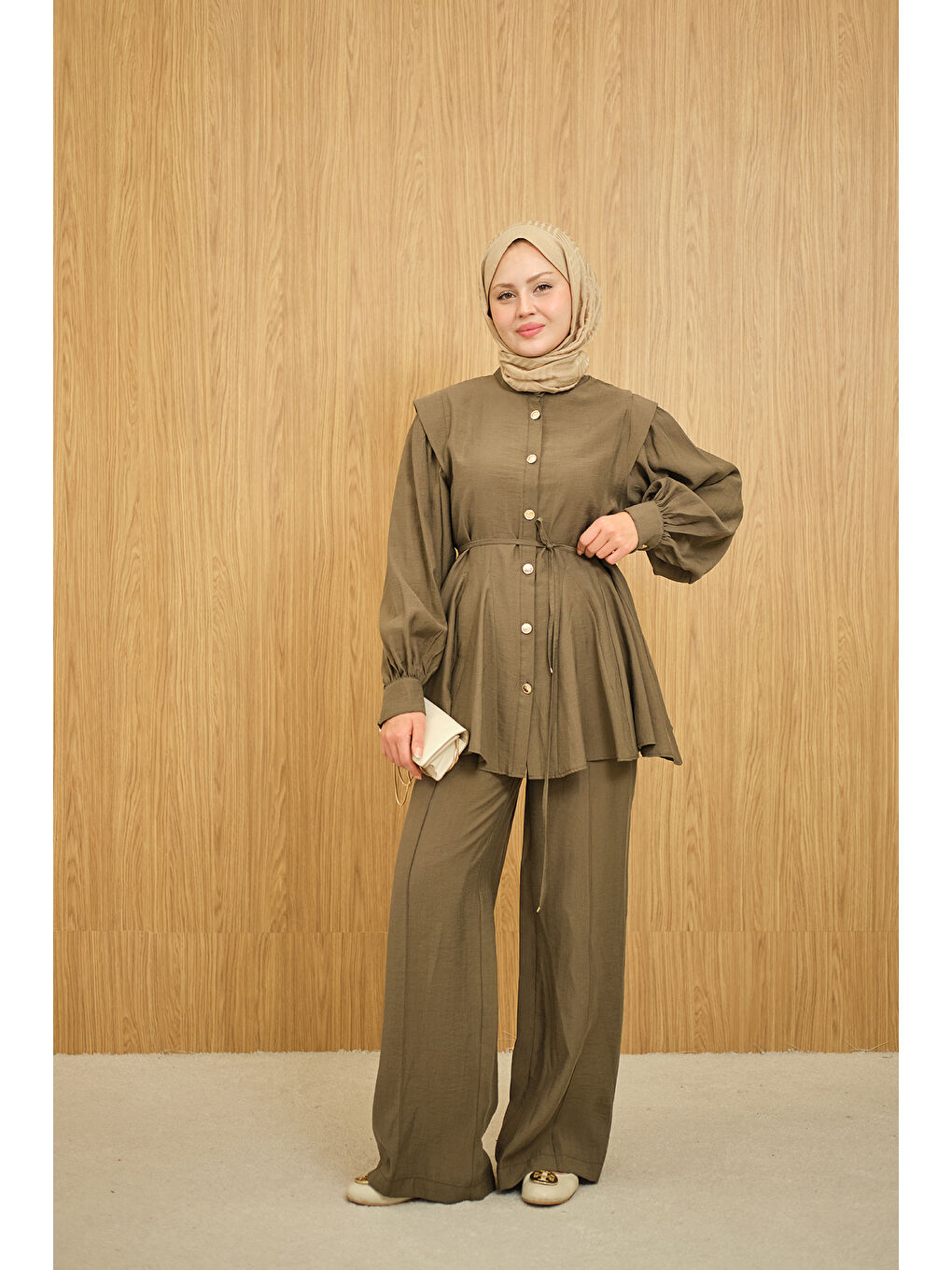 Kadın Bel Büzgülü Gold Düğme Detay Pantolonlu Takım Haki Yeşil