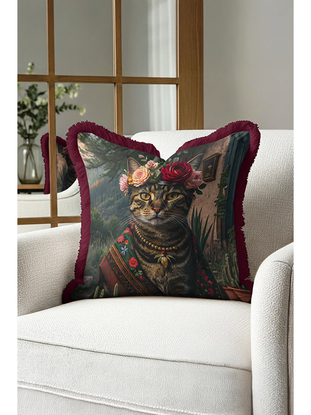 Karışık Lüks Vintage Kedi Portre Saçaklı Yastık Kılıfı - Çiçek Taçlı Bohem Renkli Püsküllü Kırlent Kılıfı-1