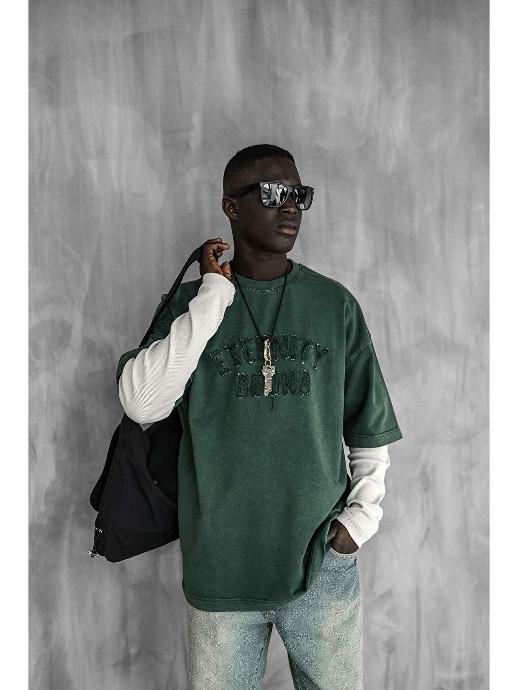 Erkek Önü Slogan İşlemeli Yıkamalı Oversize Tişört Yeşil-5