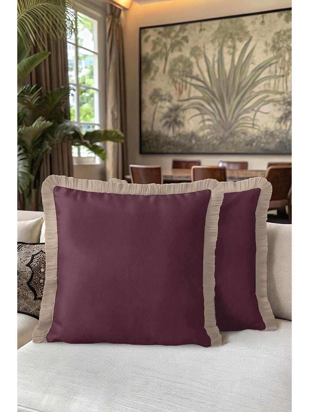 Karışık Zarif Lüks Mor Saçaklı Yastık Kılıfı - Modern Bordo Krem Püsküllü Kırlent Kılıfı-5