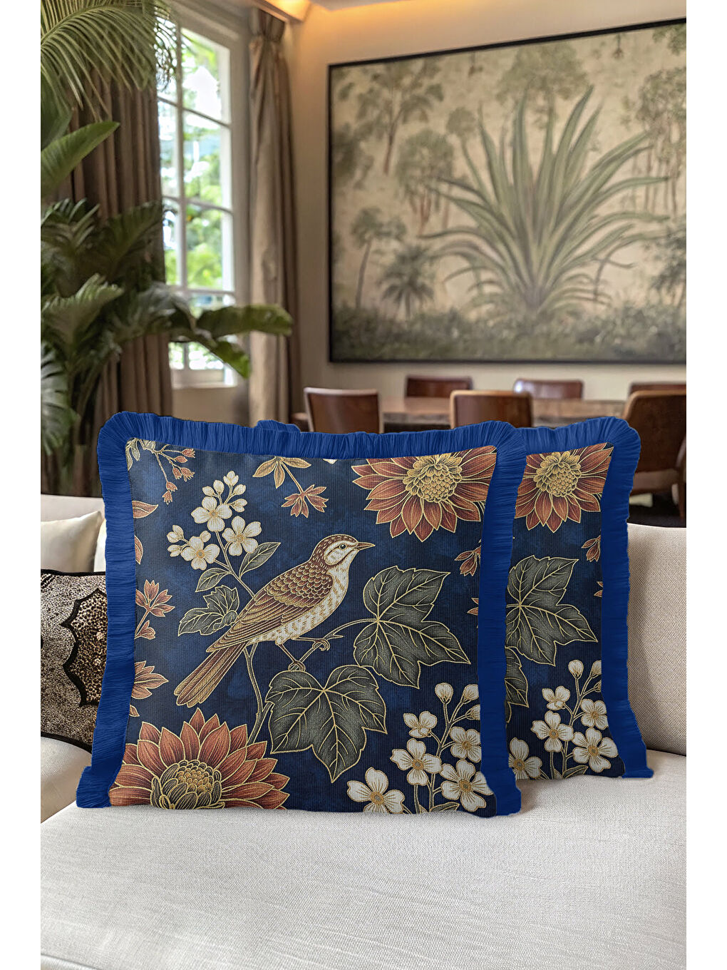 Karışık Lüks Kuş Çiçek Motifli Saçaklı Yastık Kılıfı - Vintage Rustik Lacivert Gold Püsküllü Kırlent Kılıfı-5