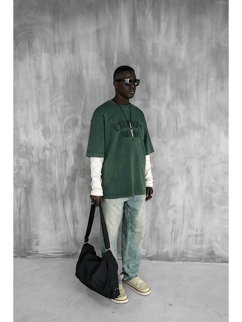 Erkek Önü Slogan İşlemeli Yıkamalı Oversize Tişört Yeşil-6