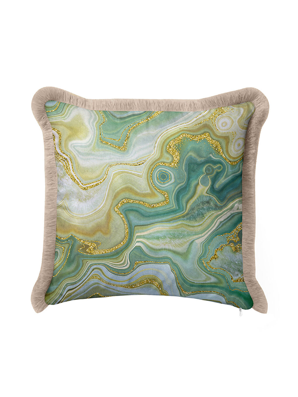 Karışık Zümrüt Mermer Doku Saçaklı Yastık Kılıfı - Lüks Bohem Akua Yeşil Altın Renk Püsküllü Kırlent Kılıfı-4