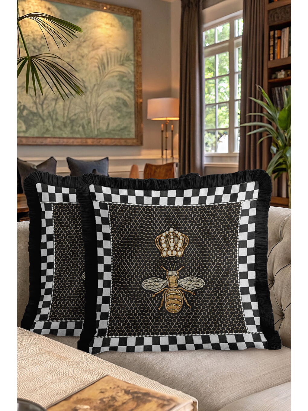 Karışık Lüks Arı Nakışlı Saçaklı Yastık Kılıfı - Kraliyet Taç Motifli Siyah Gold Püsküllü Kırlent Kılıfı-7