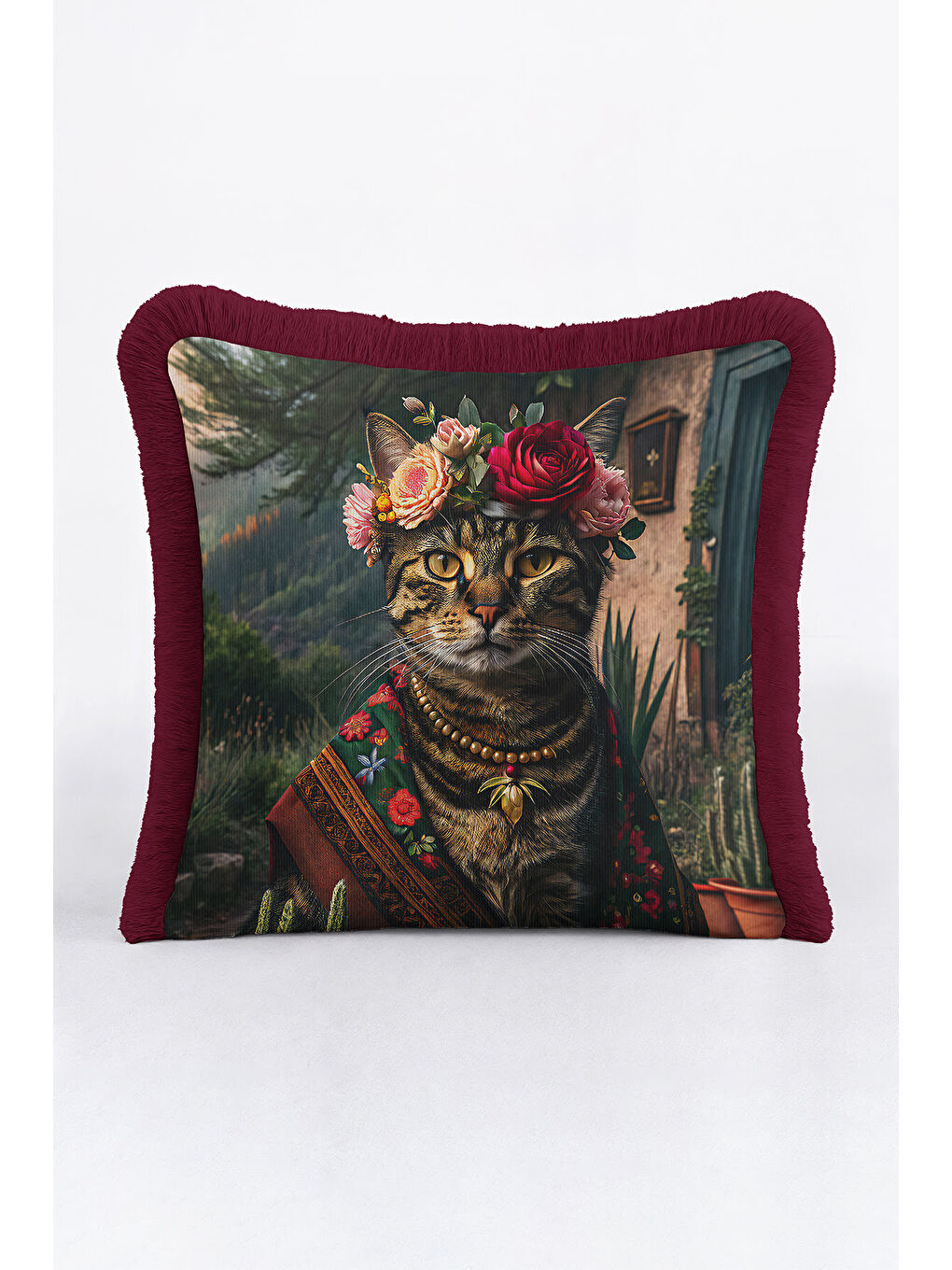 Karışık Lüks Vintage Kedi Portre Saçaklı Yastık Kılıfı - Çiçek Taçlı Bohem Renkli Püsküllü Kırlent Kılıfı-2