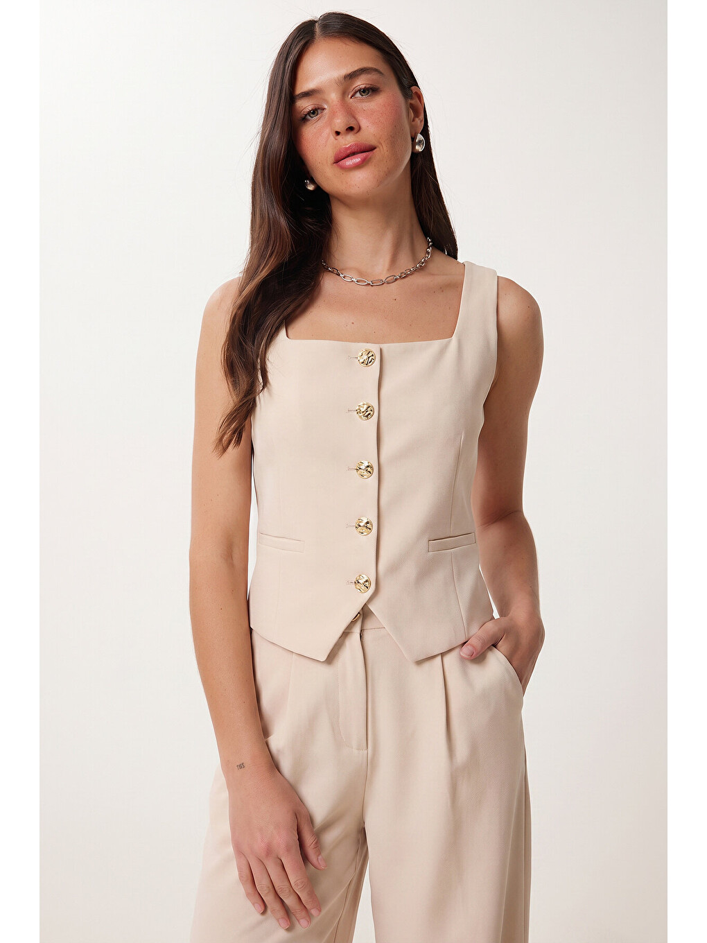 Ekru Gold Düğmeli Dokuma Yelek-Pantolon Takım KREM LAZ0004-3