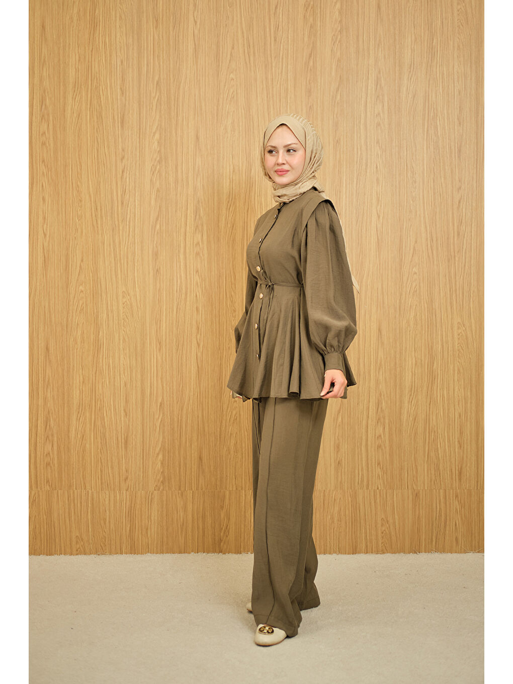Kadın Bel Büzgülü Gold Düğme Detay Pantolonlu Takım Haki Yeşil-2