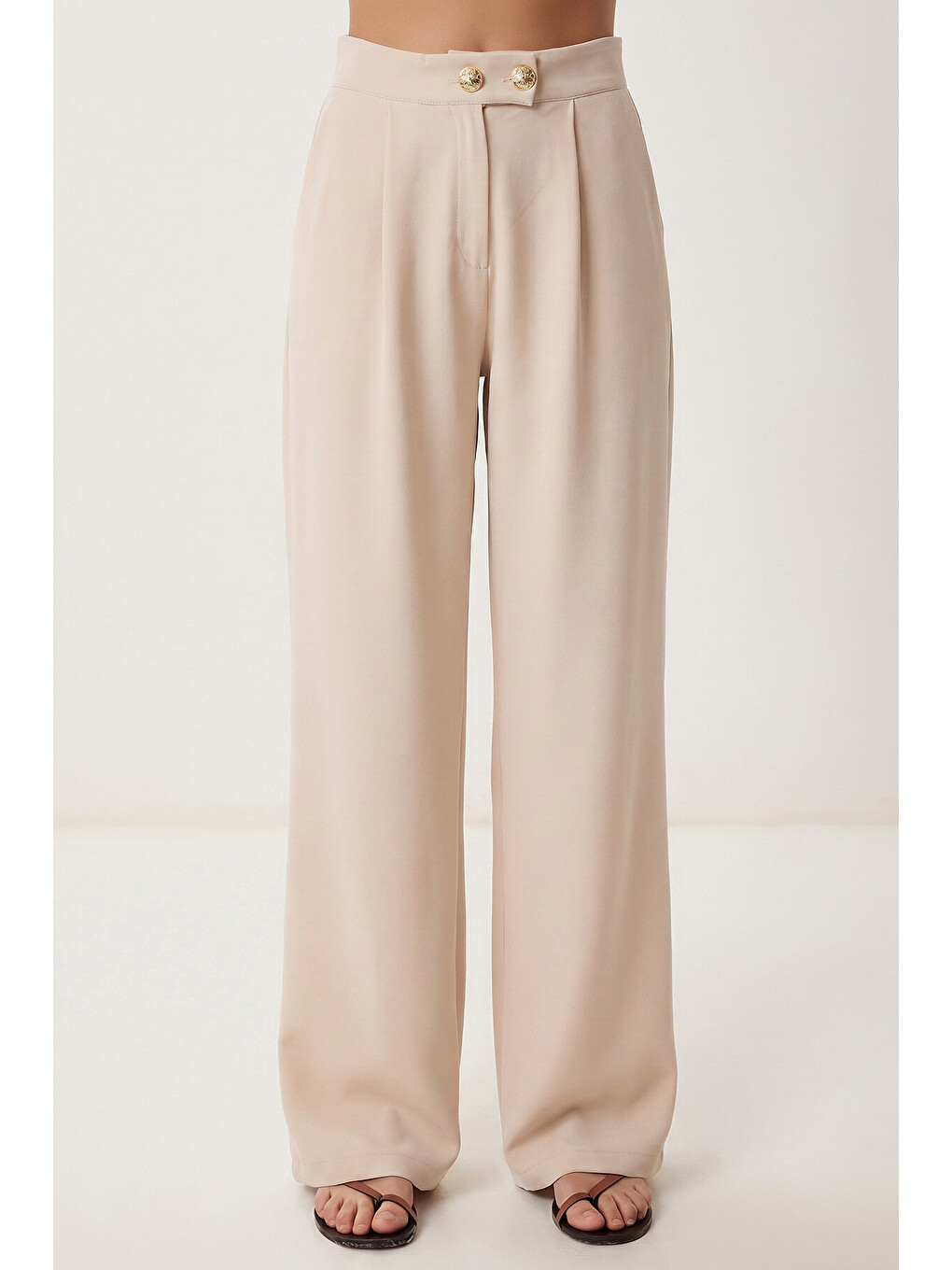 Ekru Gold Düğmeli Dokuma Yelek-Pantolon Takım KREM LAZ0004-4