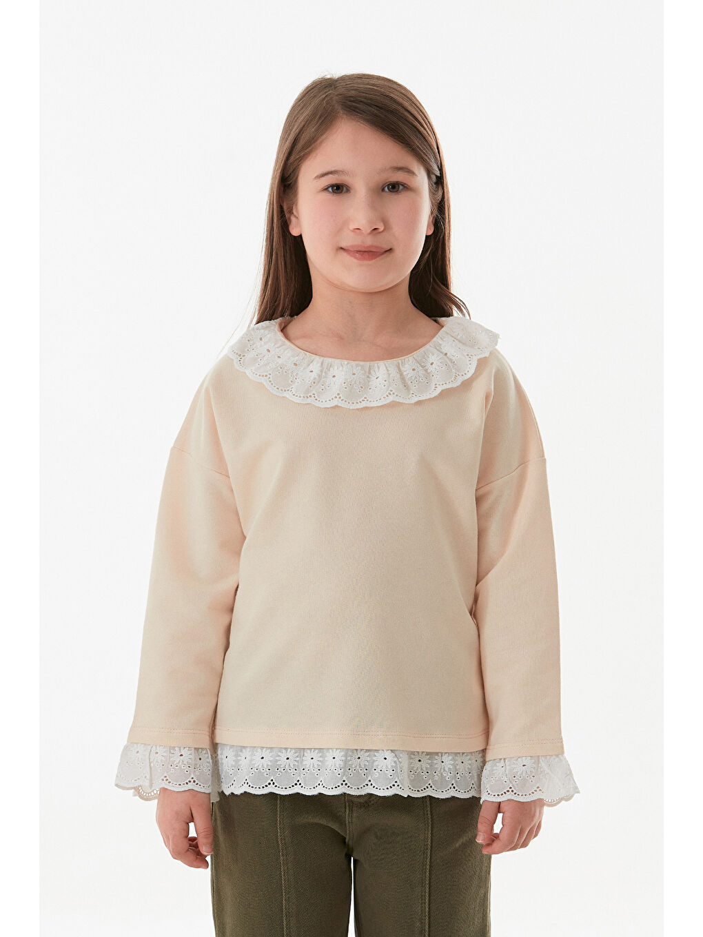 Bej Kolu Ve Yakası Dantelli Bebe Yaka Kız Çocuk Bluz-1