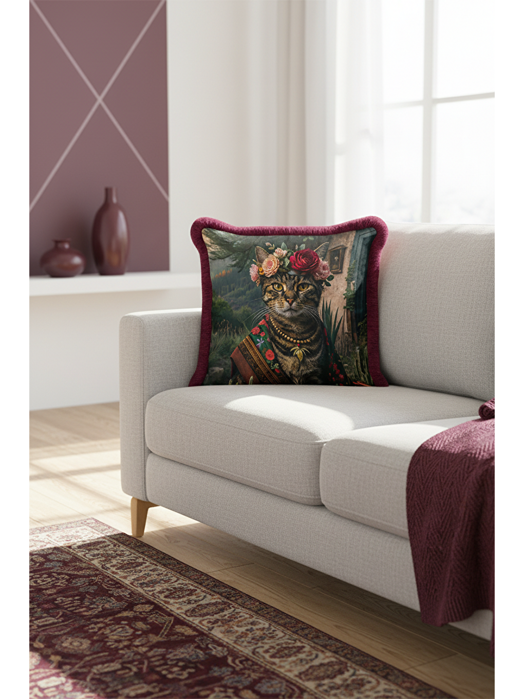 Karışık Lüks Vintage Kedi Portre Saçaklı Yastık Kılıfı - Çiçek Taçlı Bohem Renkli Püsküllü Kırlent Kılıfı-3