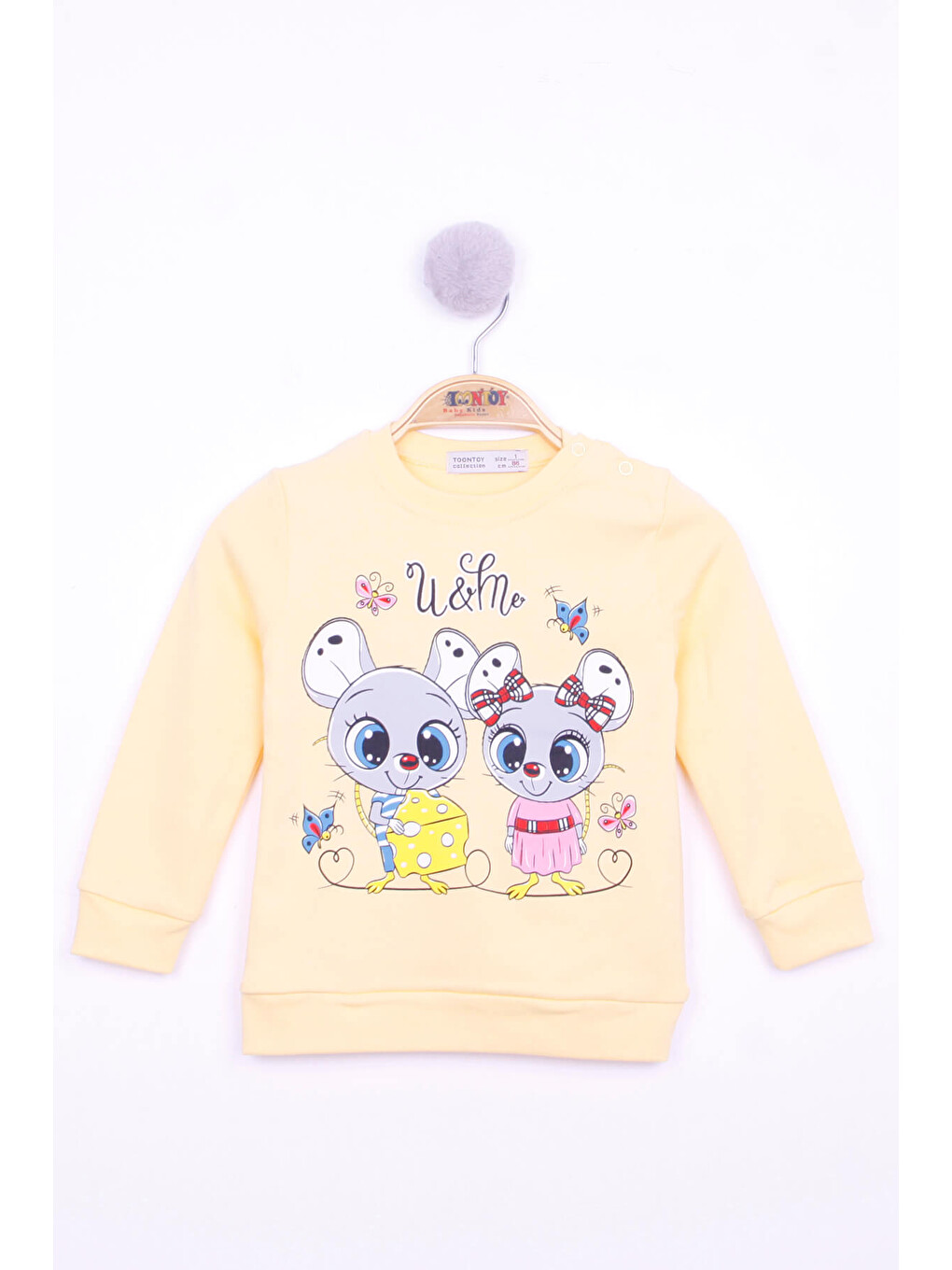 Sarı Kız Çocuk Omuzdan Çıtçıtlı Fare Baskılı Sweatshirt