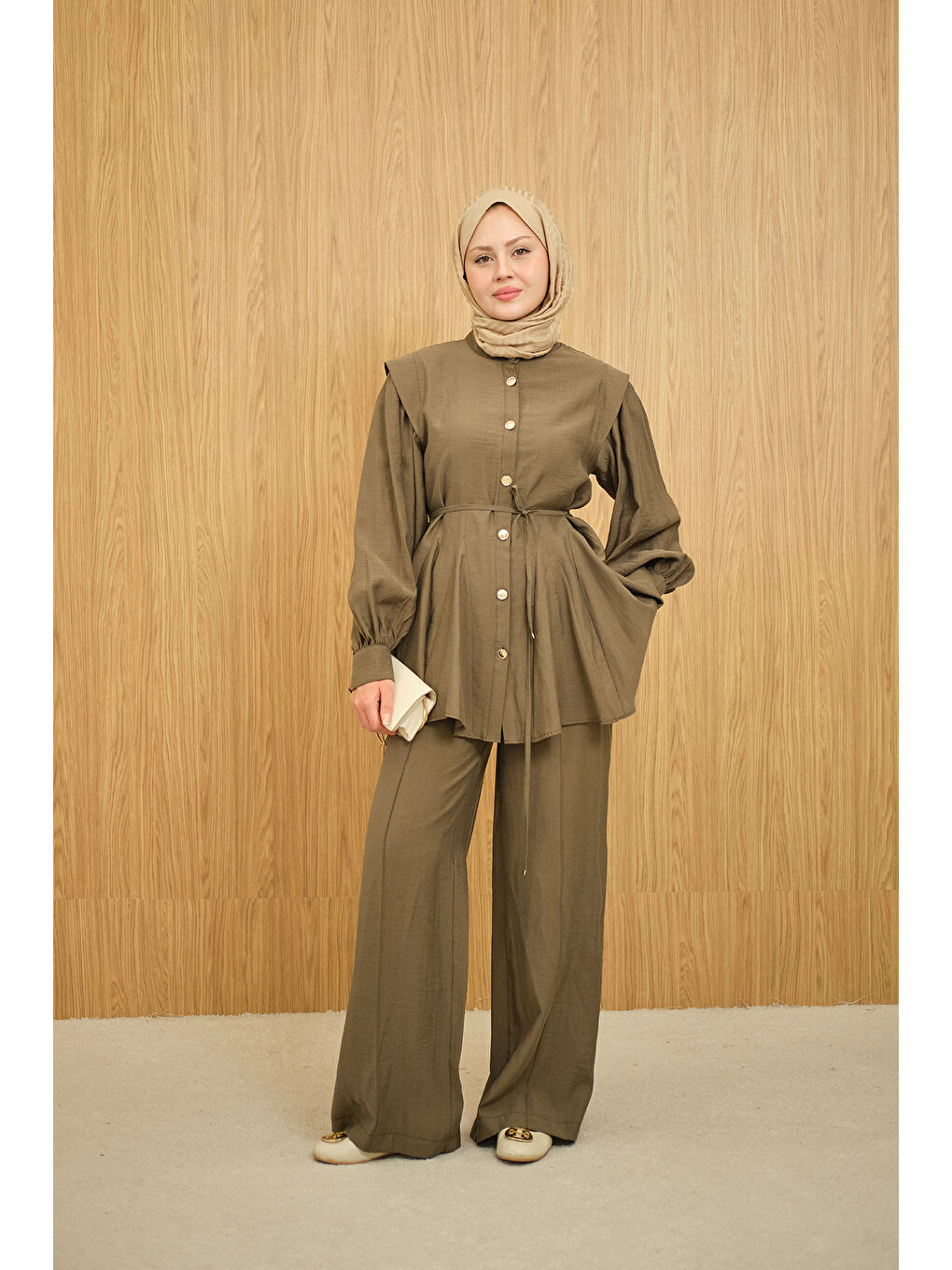 Kadın Bel Büzgülü Gold Düğme Detay Pantolonlu Takım Haki Yeşil-3