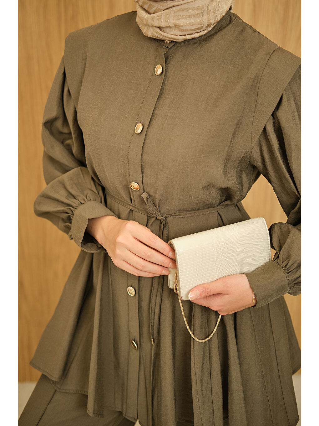 Kadın Bel Büzgülü Gold Düğme Detay Pantolonlu Takım Haki Yeşil-4