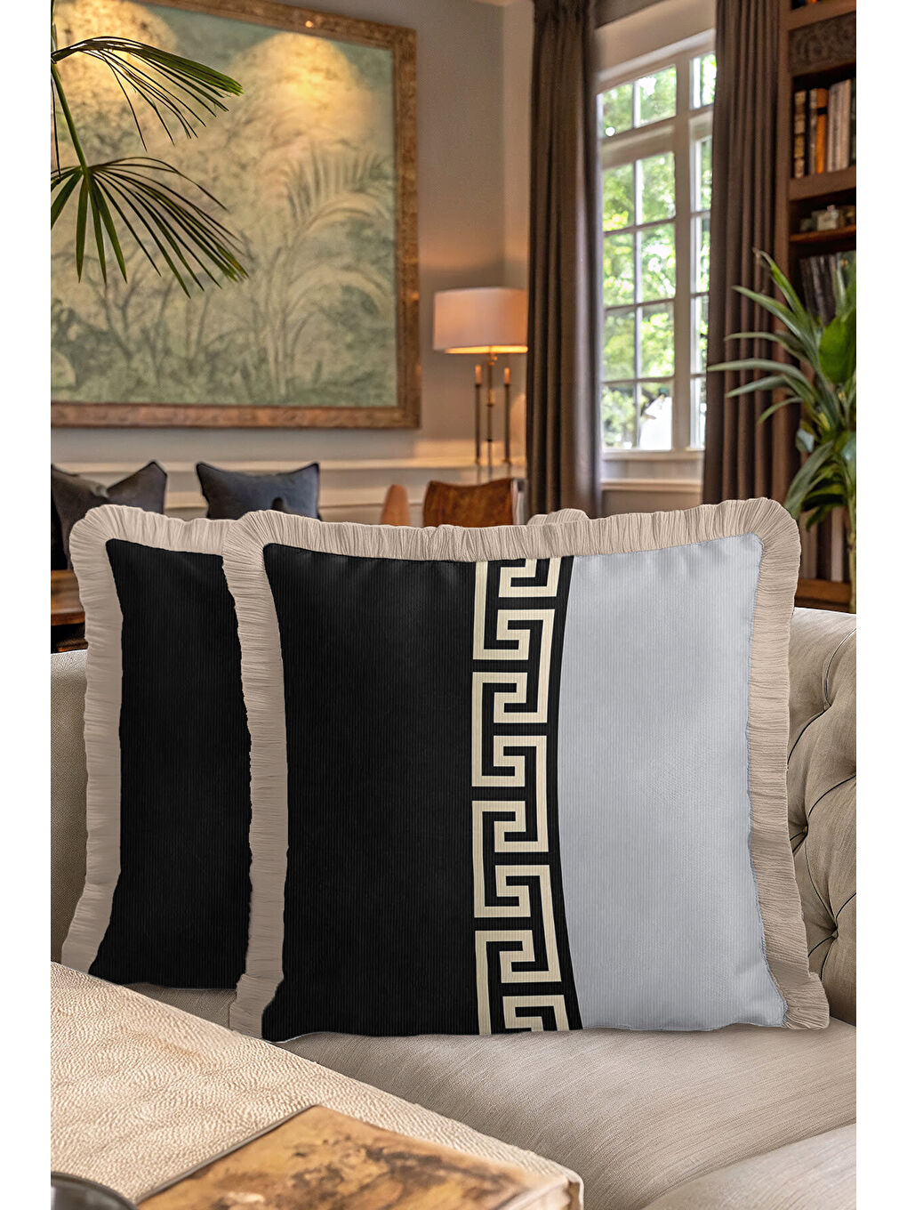 Karışık Yunan Geometrik Motifli Saçaklı Yastık Kılıfı - Lüks Modern Gri Siyah Gold Püsküllü Kırlent Kılıfı-7