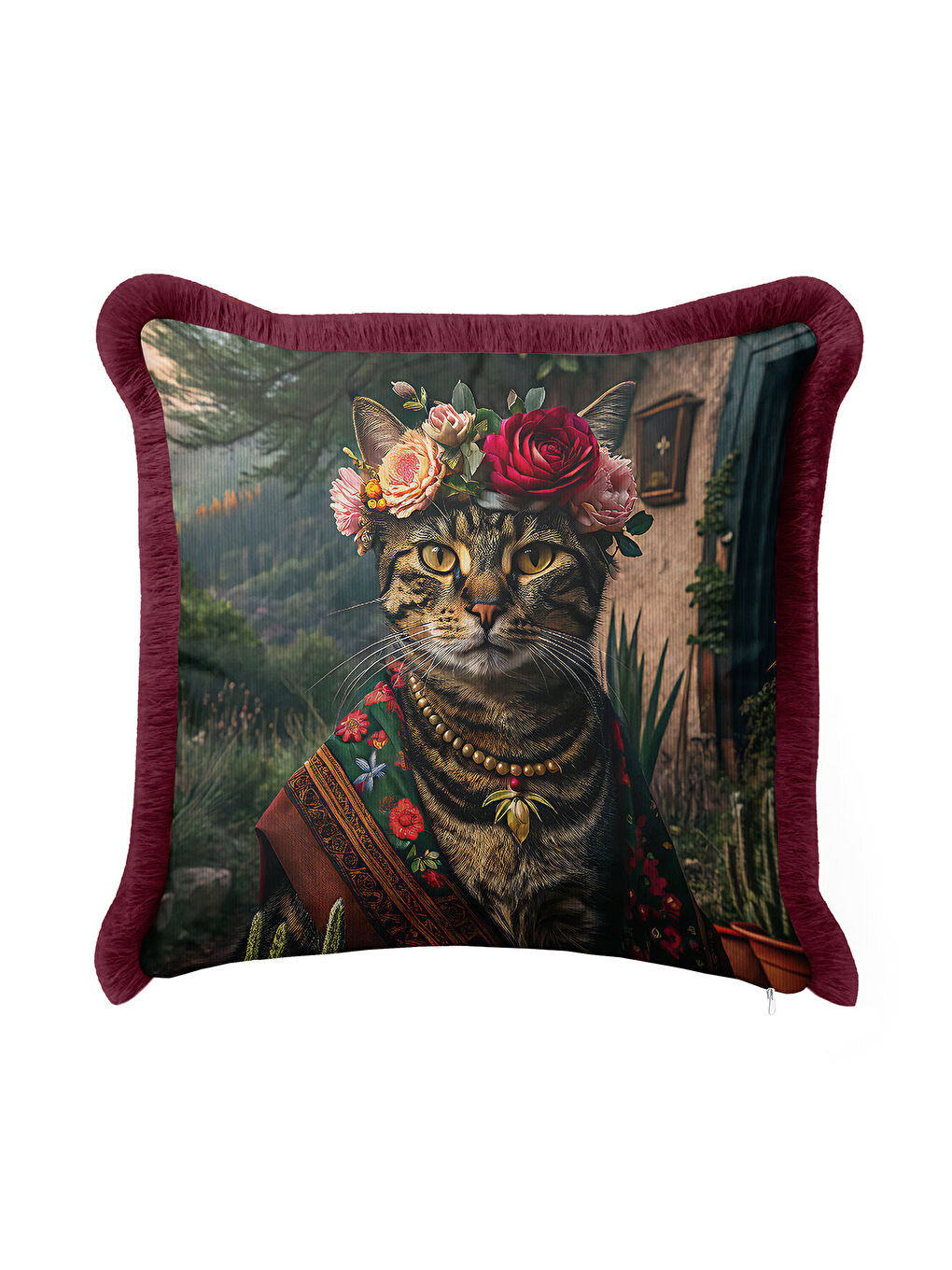 Karışık Lüks Vintage Kedi Portre Saçaklı Yastık Kılıfı - Çiçek Taçlı Bohem Renkli Püsküllü Kırlent Kılıfı-4