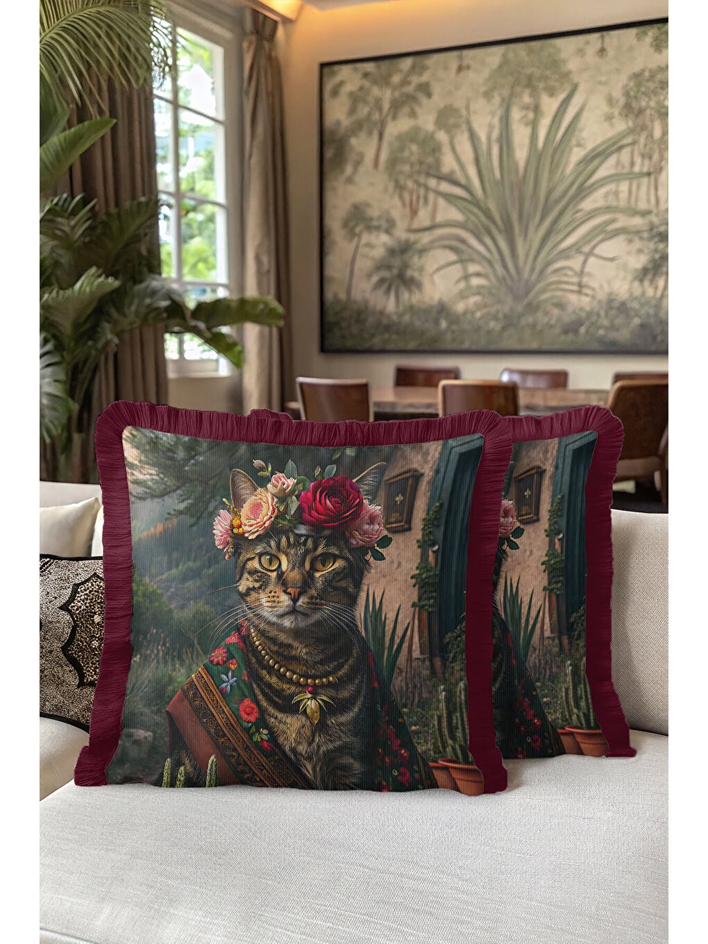 Karışık Lüks Vintage Kedi Portre Saçaklı Yastık Kılıfı - Çiçek Taçlı Bohem Renkli Püsküllü Kırlent Kılıfı-5