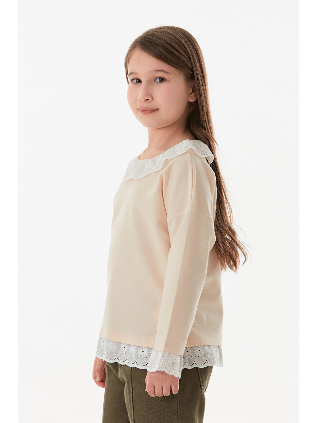 Bej Kolu Ve Yakası Dantelli Bebe Yaka Kız Çocuk Bluz-2