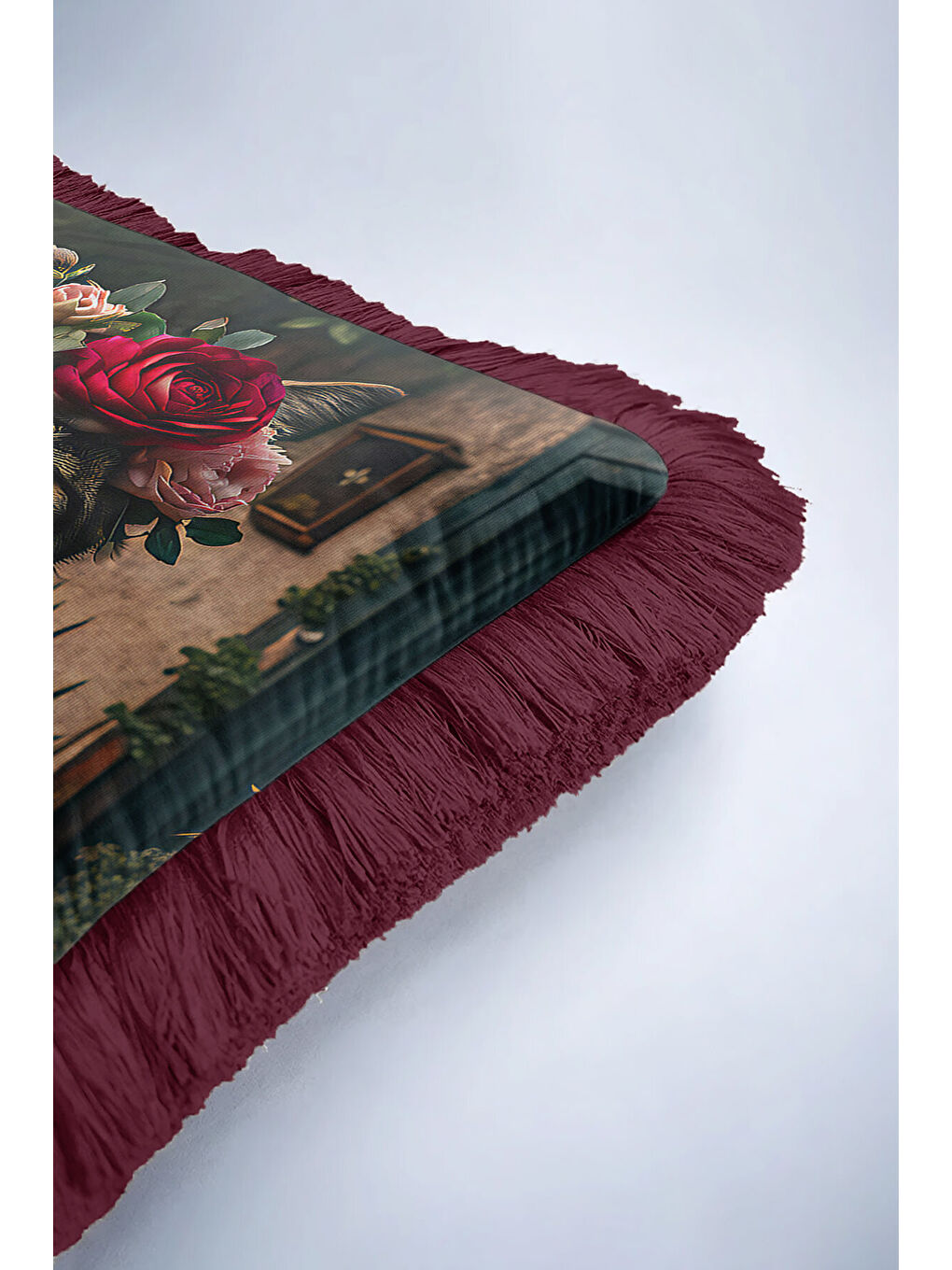 Karışık Lüks Vintage Kedi Portre Saçaklı Yastık Kılıfı - Çiçek Taçlı Bohem Renkli Püsküllü Kırlent Kılıfı-6