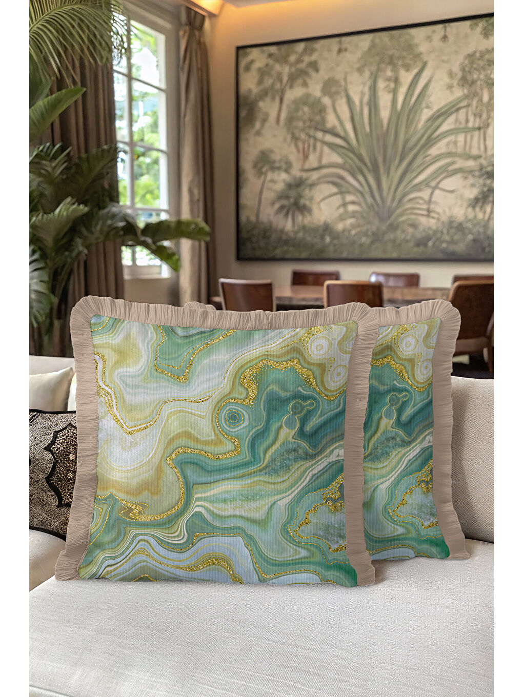Karışık Zümrüt Mermer Doku Saçaklı Yastık Kılıfı - Lüks Bohem Akua Yeşil Altın Renk Püsküllü Kırlent Kılıfı-5