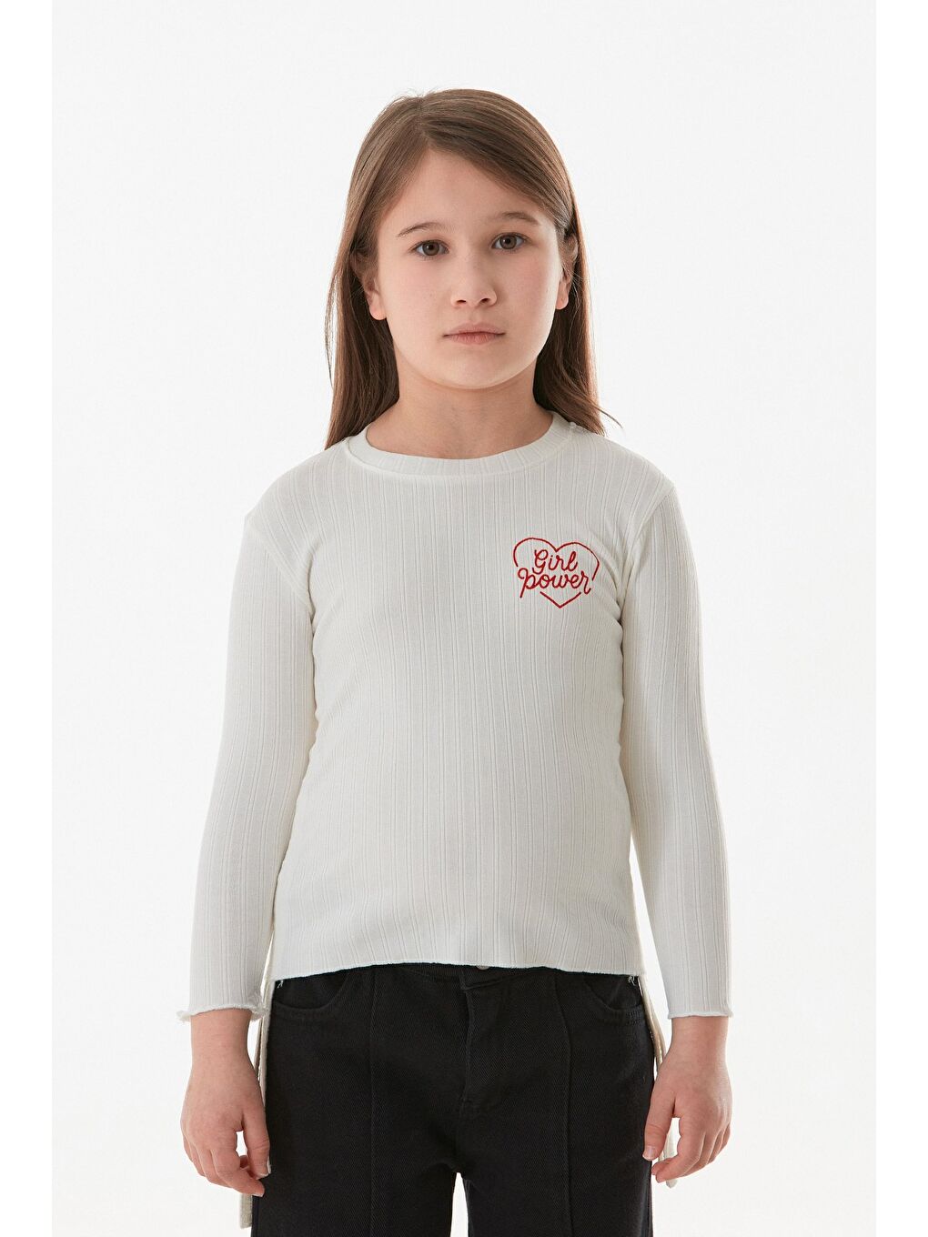Ekru Fitilli Girl Power Baskılı Yanları Büzgülü Kız Çocuk Bluz-1