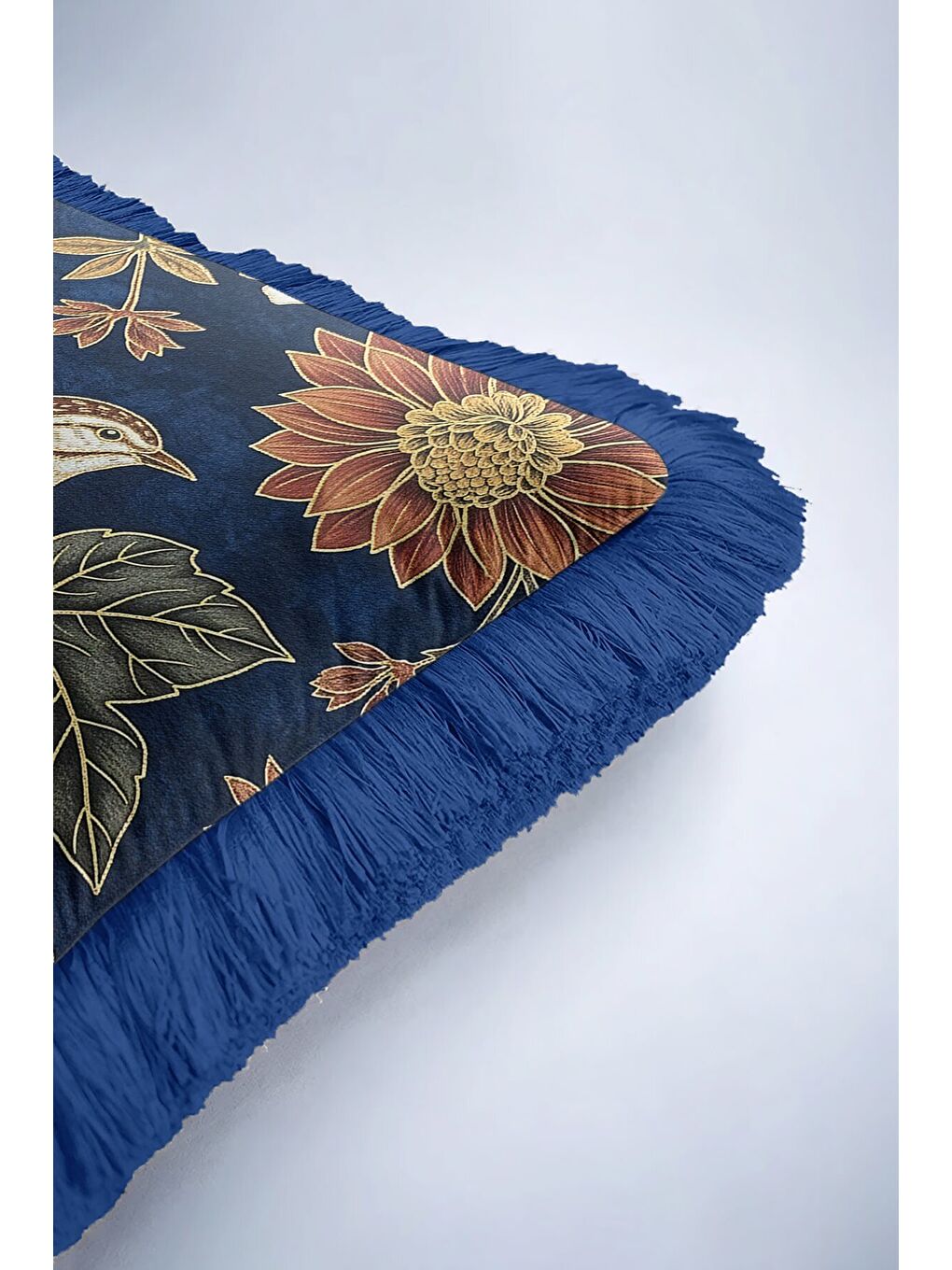 Karışık Lüks Kuş Çiçek Motifli Saçaklı Yastık Kılıfı - Vintage Rustik Lacivert Gold Püsküllü Kırlent Kılıfı-6