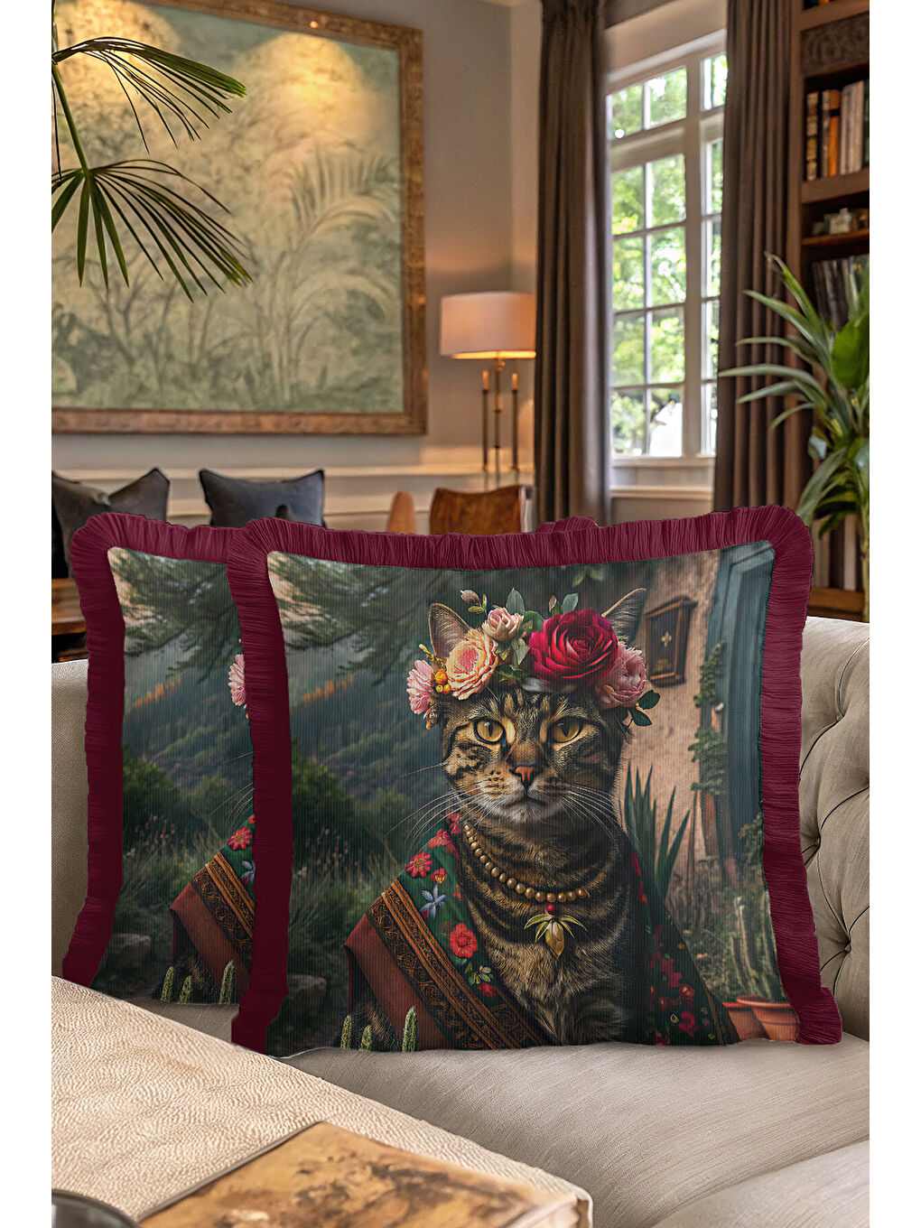 Karışık Lüks Vintage Kedi Portre Saçaklı Yastık Kılıfı - Çiçek Taçlı Bohem Renkli Püsküllü Kırlent Kılıfı-7