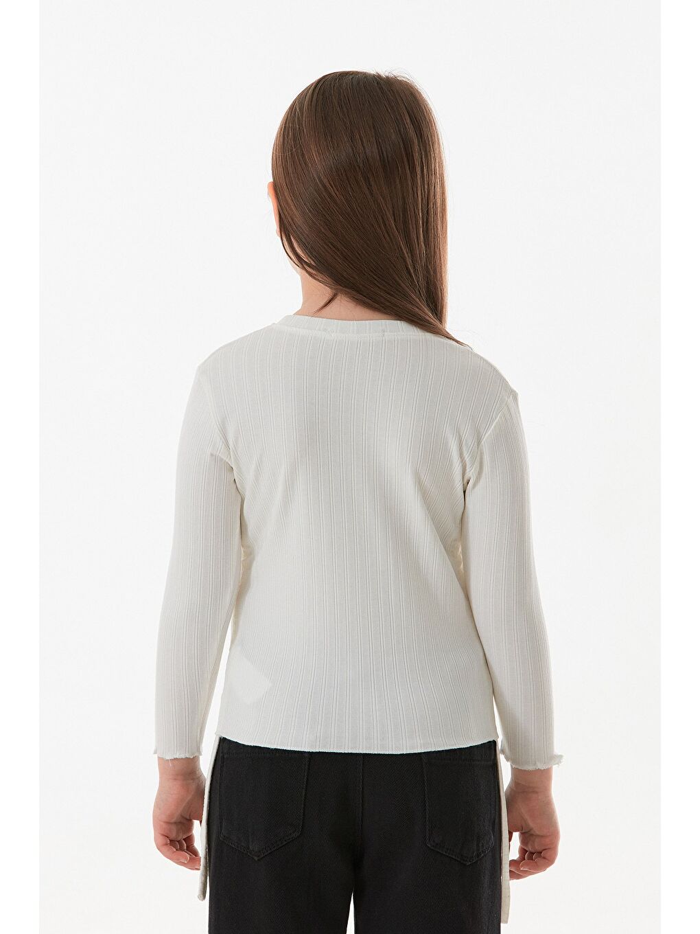 Ekru Fitilli Girl Power Baskılı Yanları Büzgülü Kız Çocuk Bluz-3