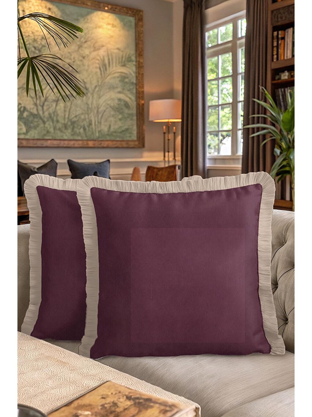 Karışık Zarif Lüks Mor Saçaklı Yastık Kılıfı - Modern Bordo Krem Püsküllü Kırlent Kılıfı-7