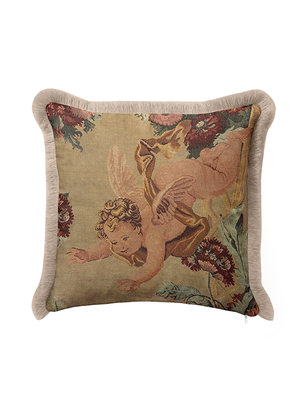 Karışık Barok Melek Figürlü Saçaklı Yastık Kılıfı - Klasik Vintage Retro Bej Gold Püsküllü Kırlent Kılıfı