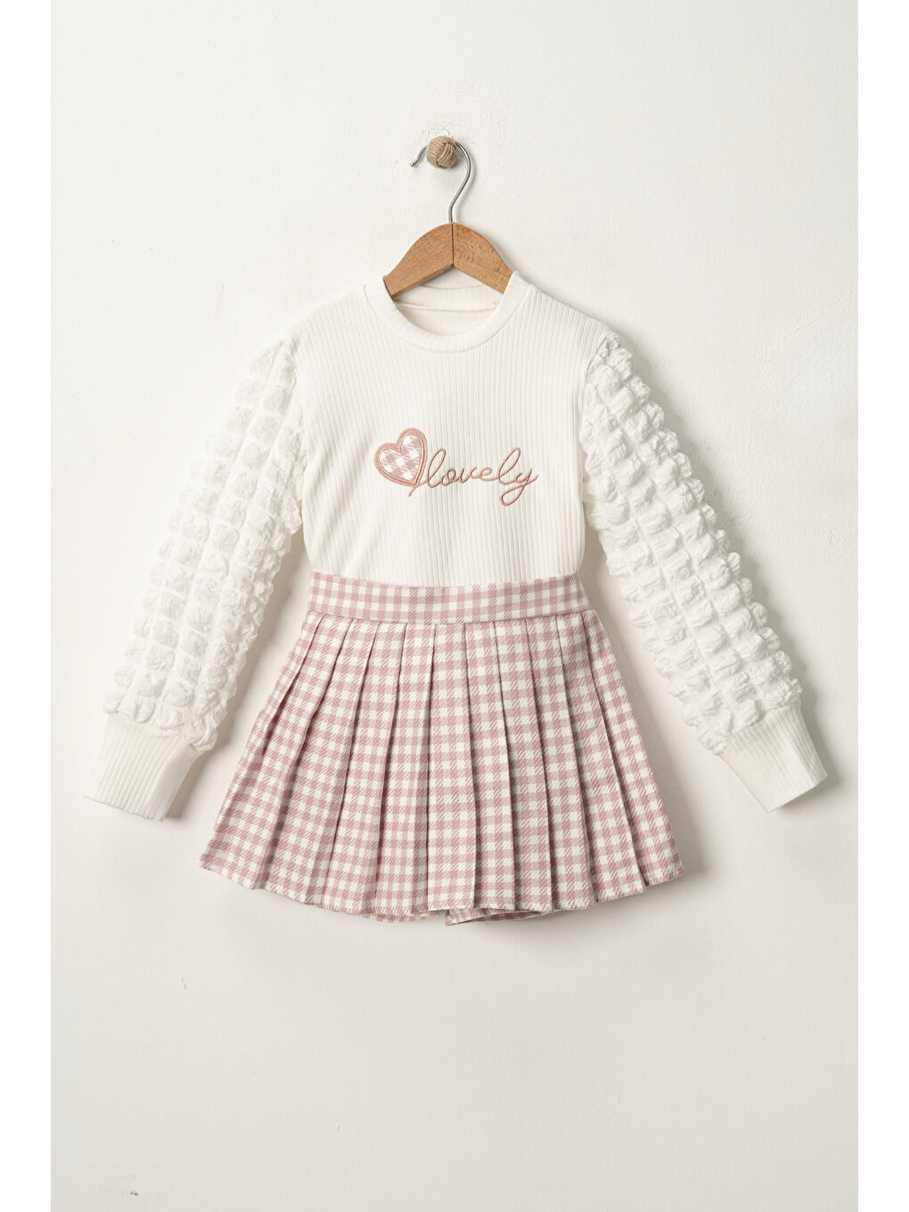 Pembe Kız Çocuk Bluzlu Ekose Etek-Şortlu Takım TKM.1002