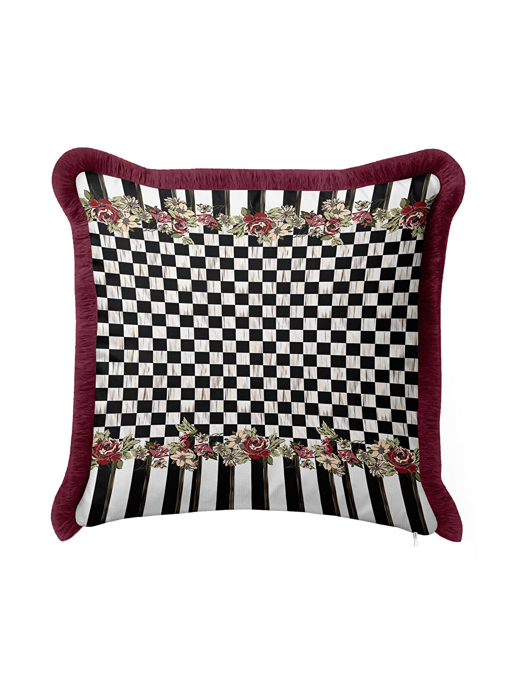 Karışık Siyah Beyaz Kareli Çiçekli Saçaklı Yastık Kılıfı - Gül Motifli Retro Bordo Püsküllü Kırlent Kılıfı-2