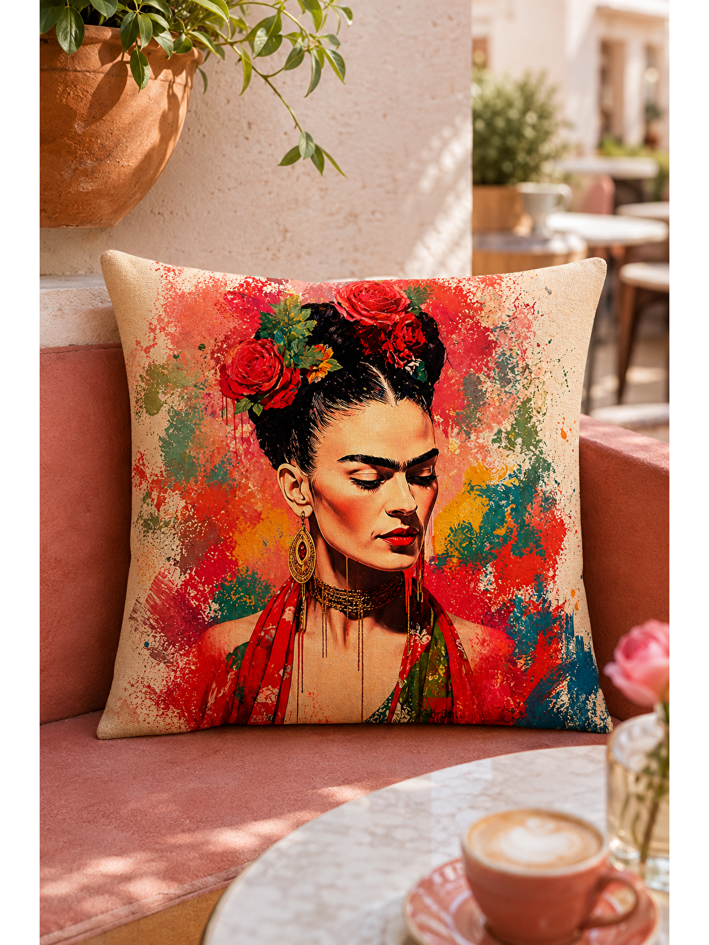 Karışık Renkli Kadın Portre Çiçekli Dekoratif Kırlent Kılıfı Bohem Sanatsal Dekor 43x43 Cm