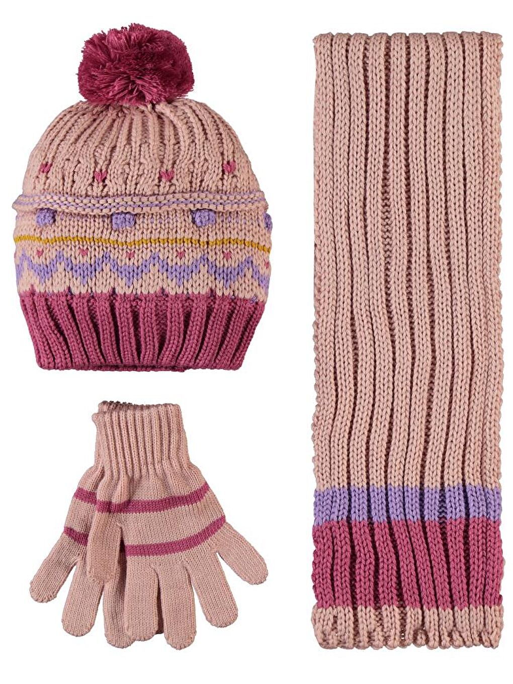 Girls 6-9 Yaş Atkı Bere Eldiven Set - Pembe Standart