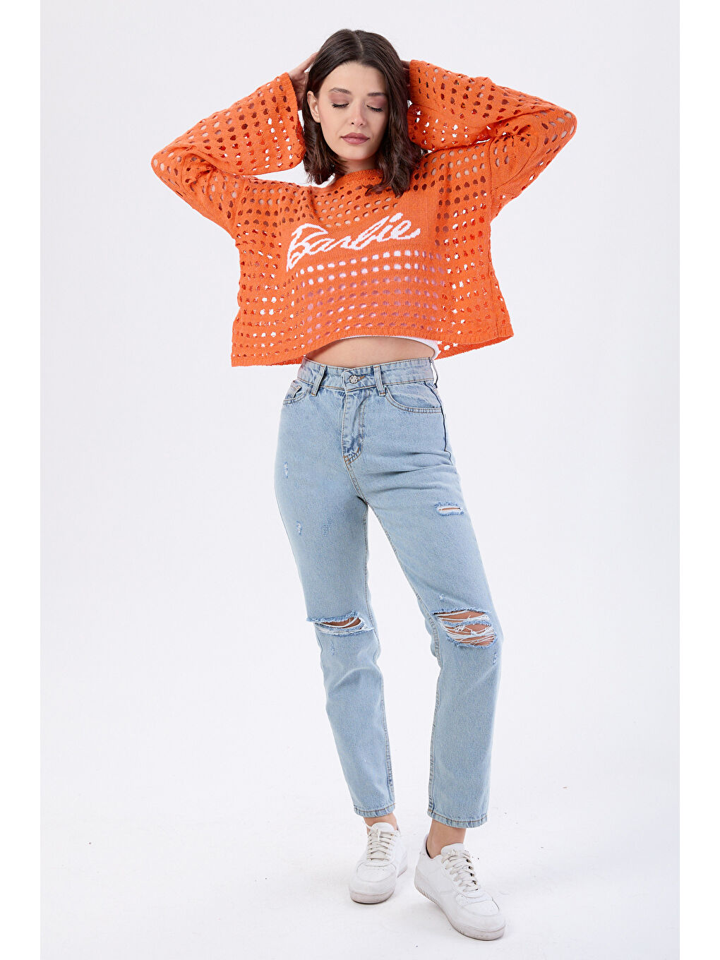 Mom Jeans Lazerli Jean Pantolon Buz Mavi Kar   23810