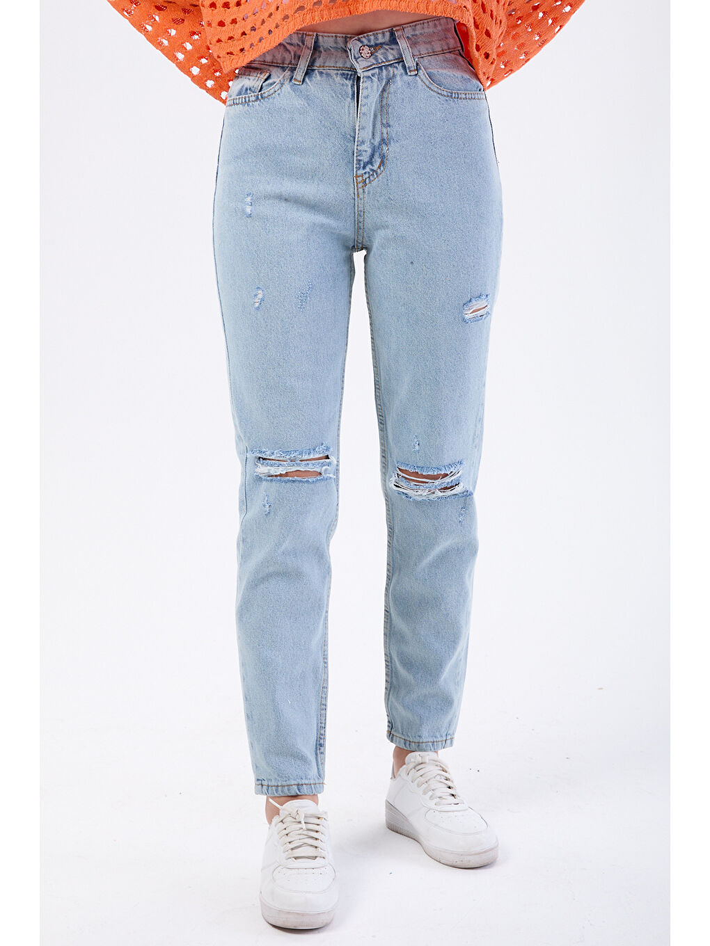 Mom Jeans Lazerli Jean Pantolon Buz Mavi Kar   23810-1