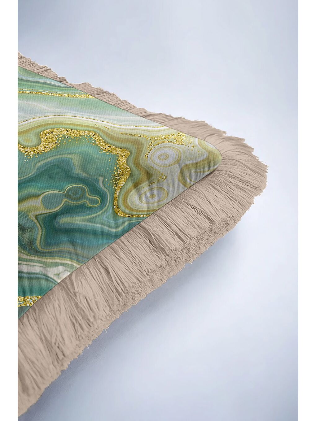 Karışık Zümrüt Mermer Doku Saçaklı Yastık Kılıfı - Lüks Bohem Akua Yeşil Altın Renk Püsküllü Kırlent Kılıfı-6